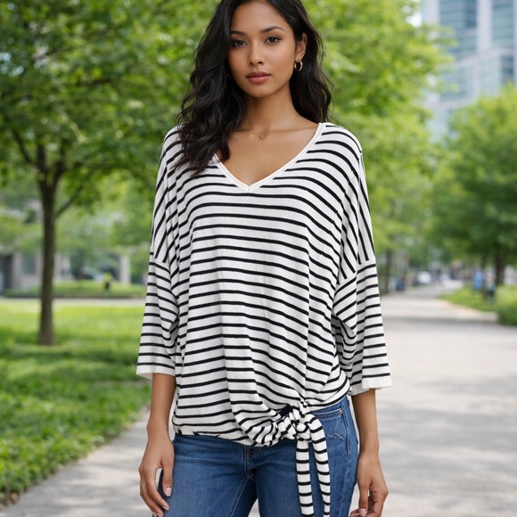 Tops - Time Tru Stylish Striped V-Neck Long Sleeve Top Sz XXXL
